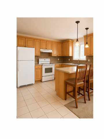 655 Molen Road Ferron, UT 84523 - Photo 6 of 18 Kitchen featuring light-toned cabinetry, light-colored tile flooring, full suite of white appliances, pendant lighting, and a breakfast bar