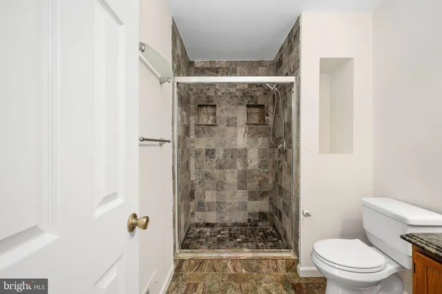 a bathroom with a shower and a toilet