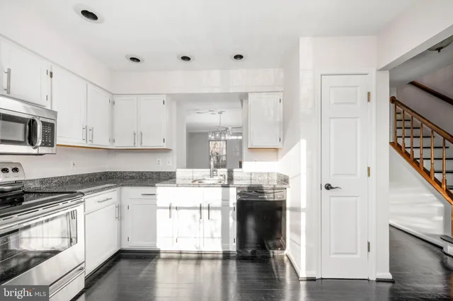 a kitchen with stainless steel appliances kitchen island granite countertop a stove a sink and white cabinets