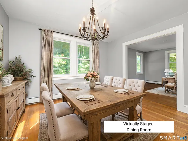 a view of a dining room with furniture window and outside view