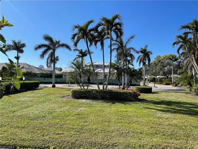 a view of a swimming pool with a garden and palm trees
