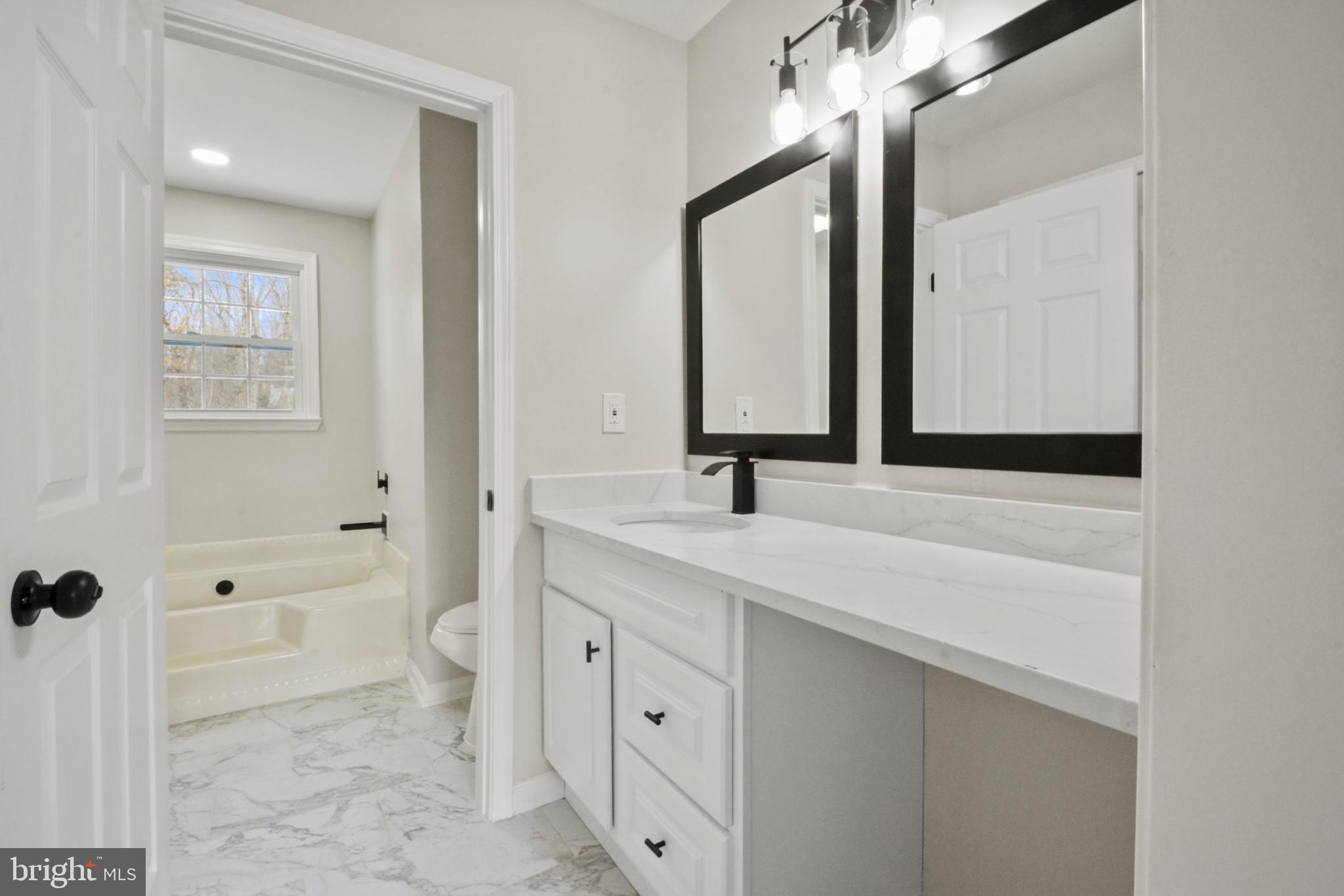 18487 Clay Hill Road Stevensburg, VA 22741 - Photo 24 of 41 a bathroom with a double vanity sink a toilet and a mirror