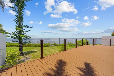 a view of a lake with a terrace