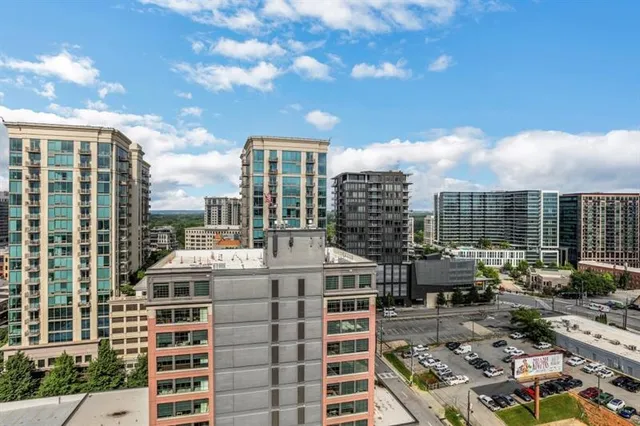a city view with tall buildings