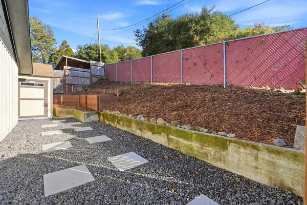 a view of a backyard with plants and a lake view
