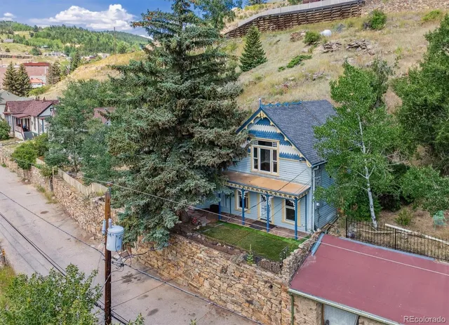 a aerial view of a house with a yard and large tree