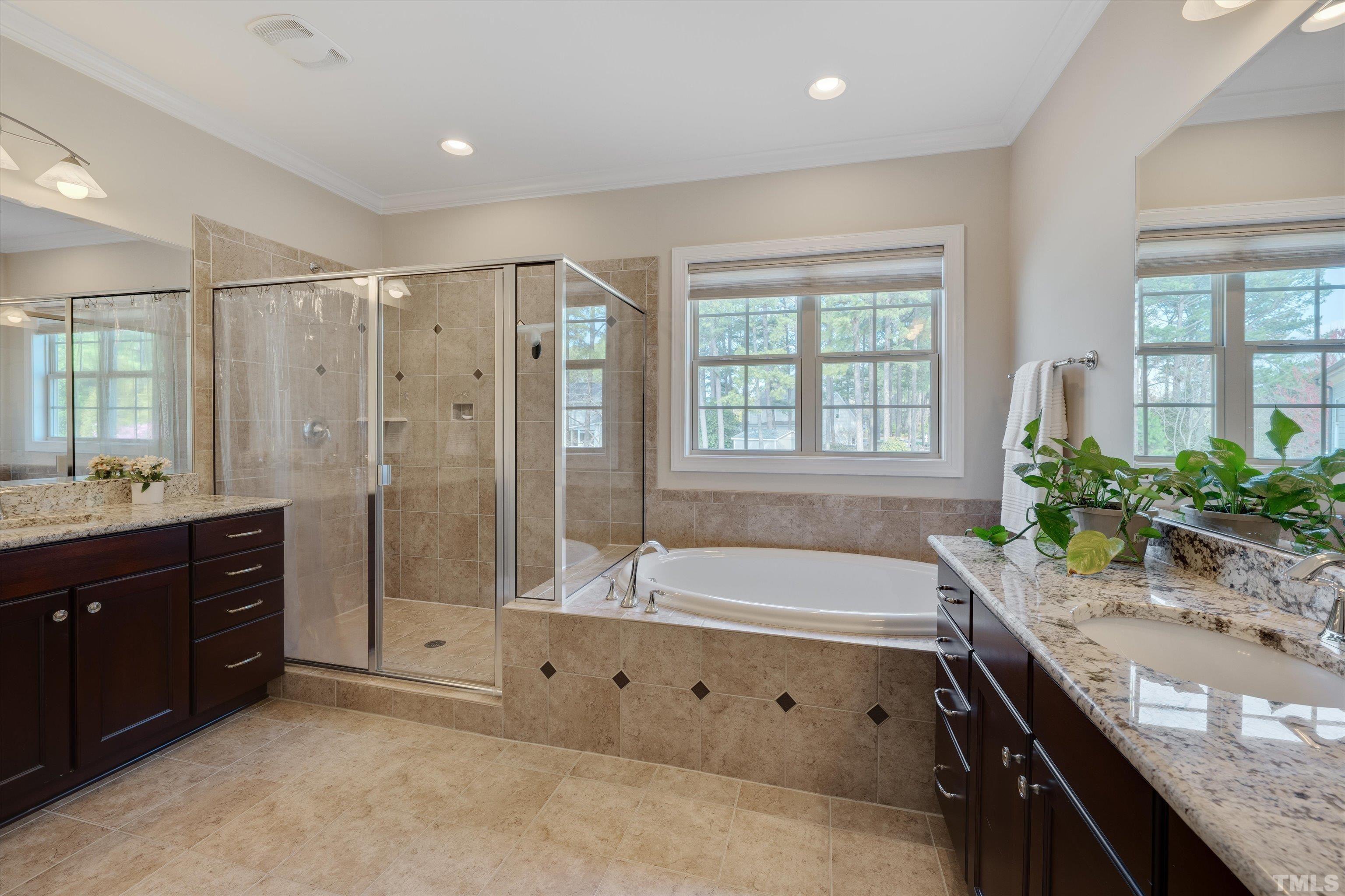 2704 Full Circle Raleigh, NC 27613 - Photo 20 of 32 a spacious bathroom with a granite countertop tub sink shower and mirror