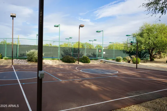 a view of a city street from a ceiling fan
