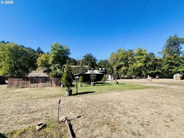 a view of swimming pool with a yard and trees in the background