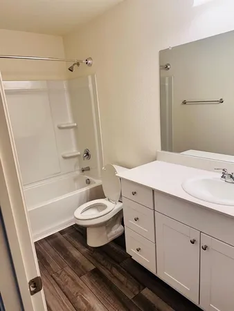 a bathroom with a double vanity sink toilet and shower