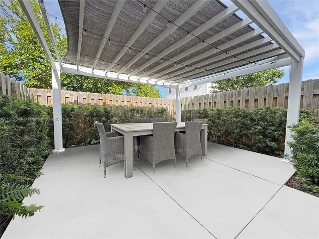 a view of patio with a table and chairs