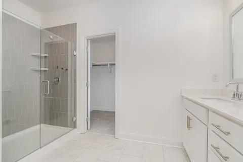 a bathroom with a shower sink and mirror