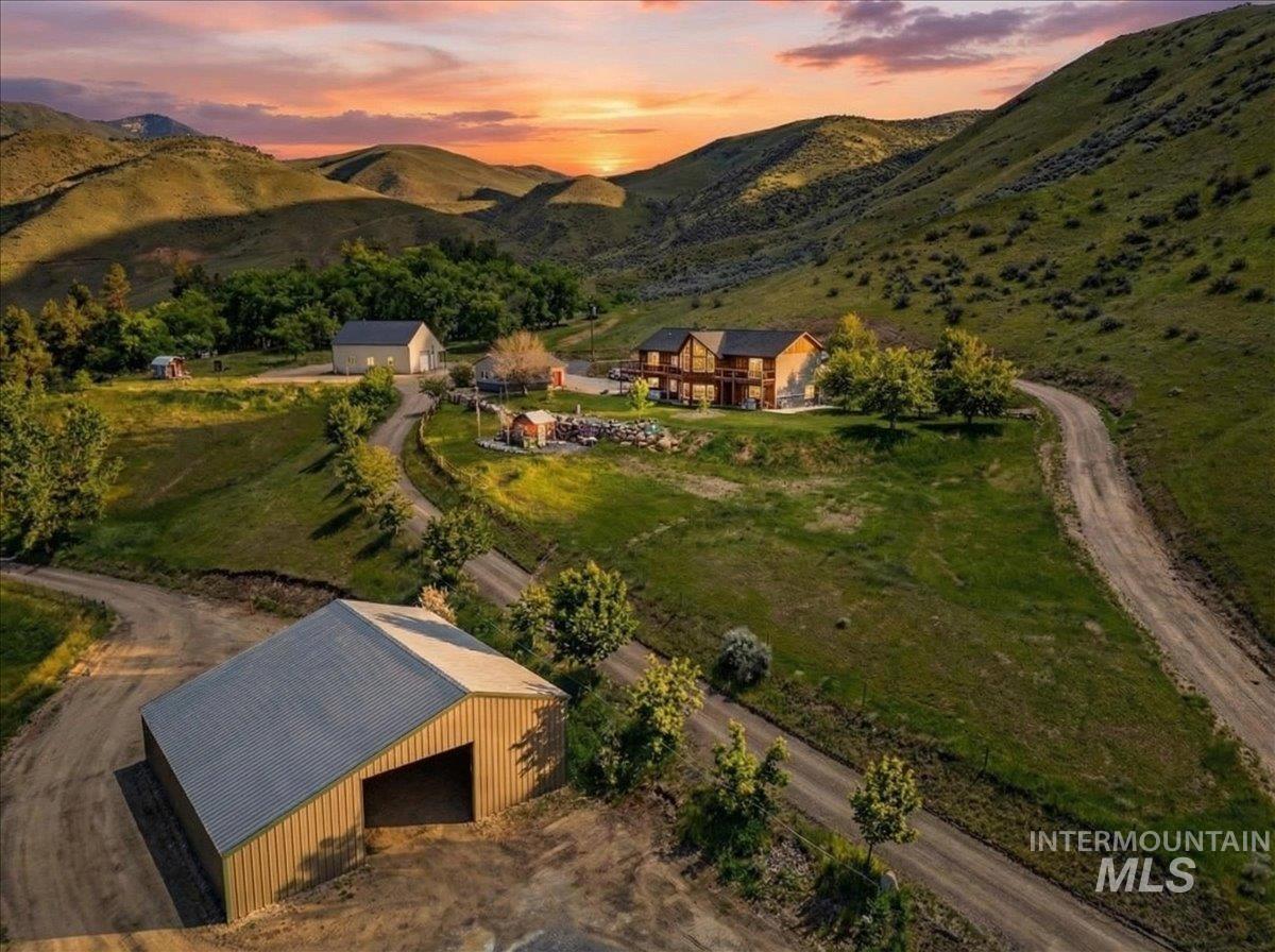 Aerial view at dusk of a mountain view