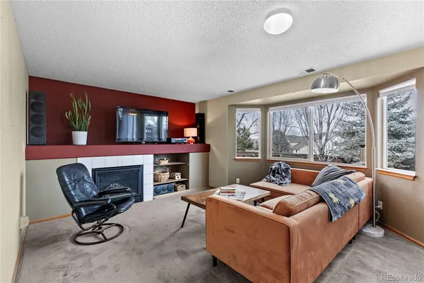 a living room with furniture a fireplace and a floor to ceiling window