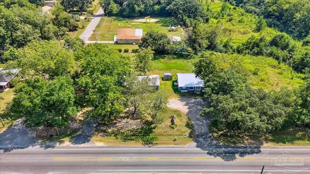a view of a yard with flower plants