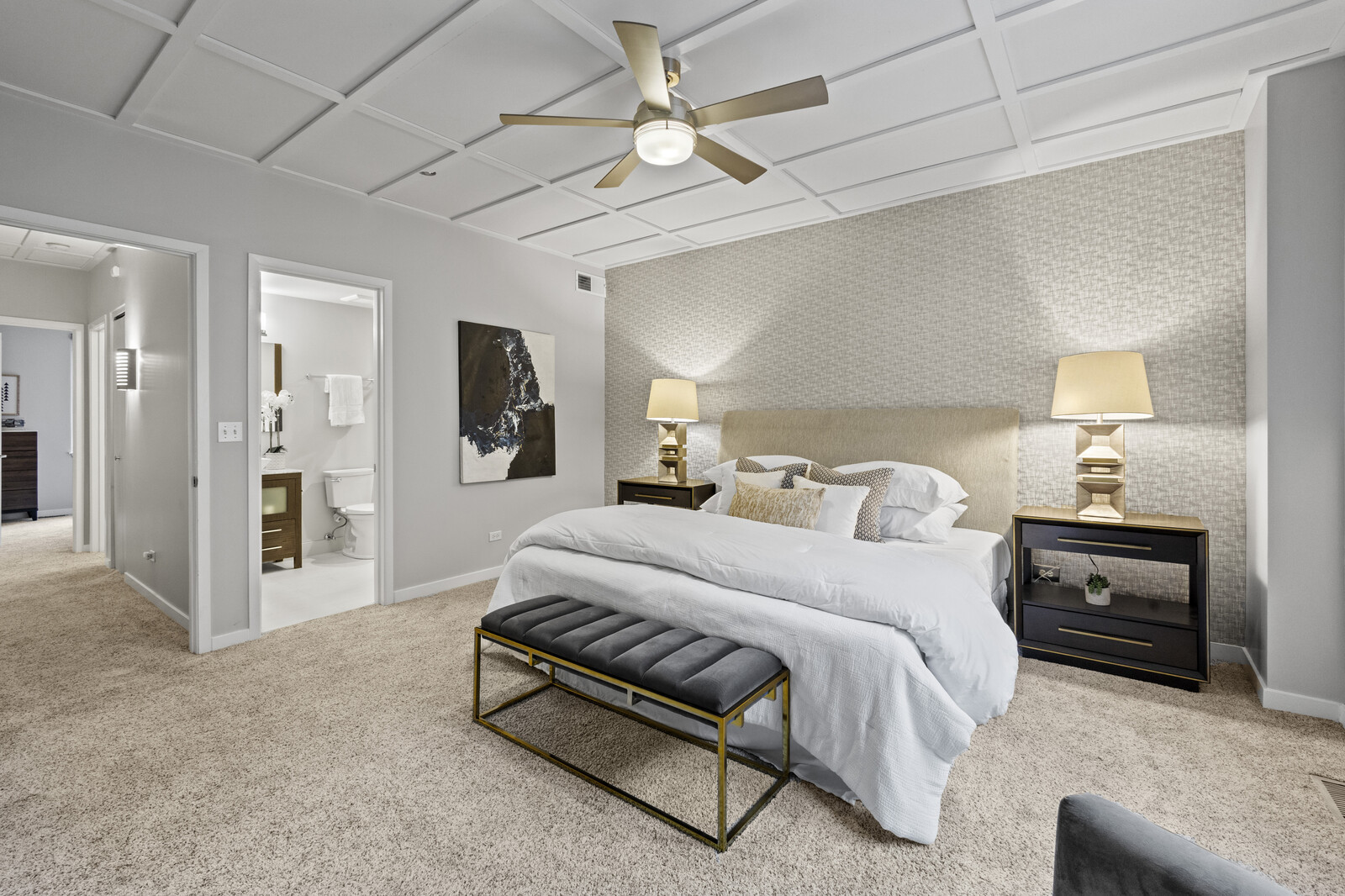 16 North May Street, Unit 511 Chicago, IL 60607 - Photo 12 of 26 a spacious bedroom with a bed and ceiling fan