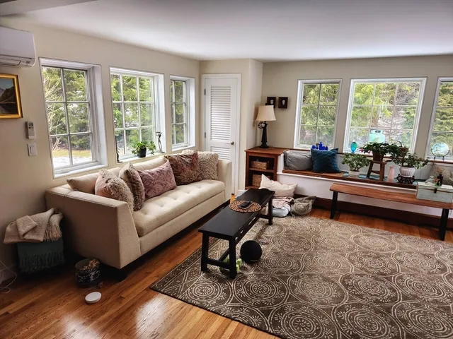 a living room with furniture and a rug