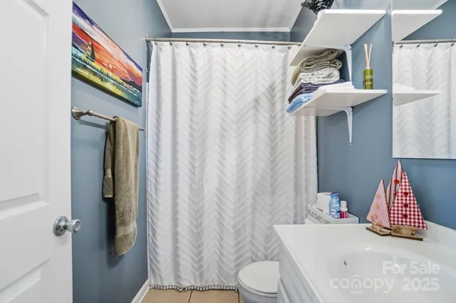 a bathroom with a sink toilet and shower curtain