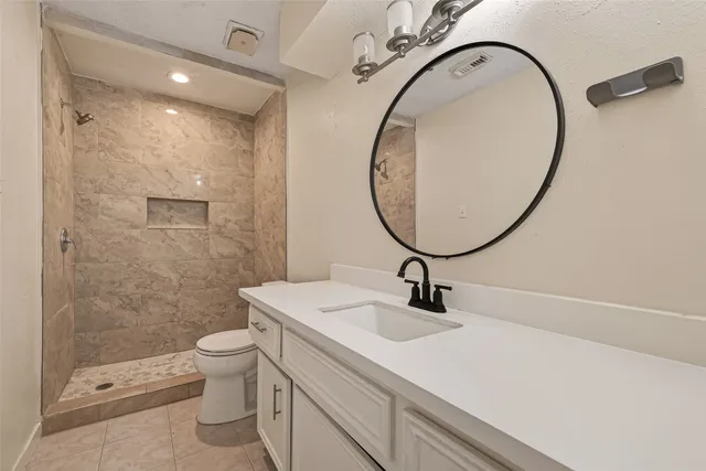 a bathroom with a sink a toilet and a mirror