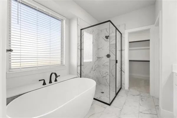 a bathroom with a bathtub and a shower