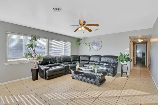 a living room with furniture and a potted plant
