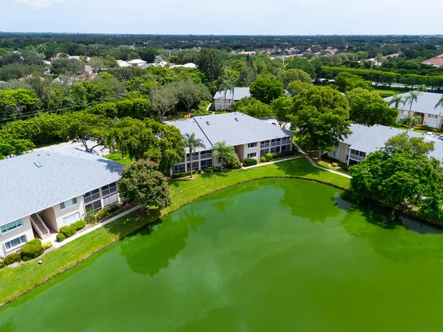 an aerial view of a house with swimming pool and garden