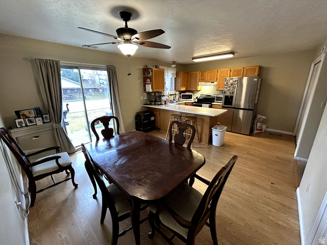 939 South Freedom Boulevard, Unit 13 Provo, UT 84601 - Photo 8 of 26 Dining space featuring light wood-style floors, a textured ceiling, and ceiling fan