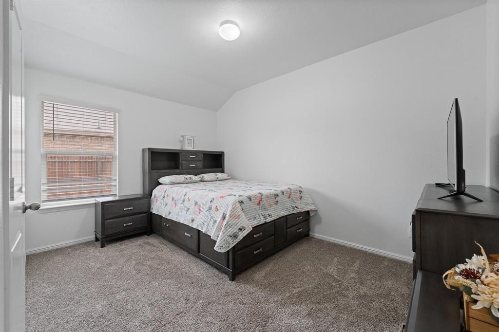 4600 Fringetree Way Crowley, TX 76036 - Photo 24 of 40 Bedroom featuring neutral wall paint, textured carpet flooring, a window with horizontal blinds, and a flush-mount ceiling light