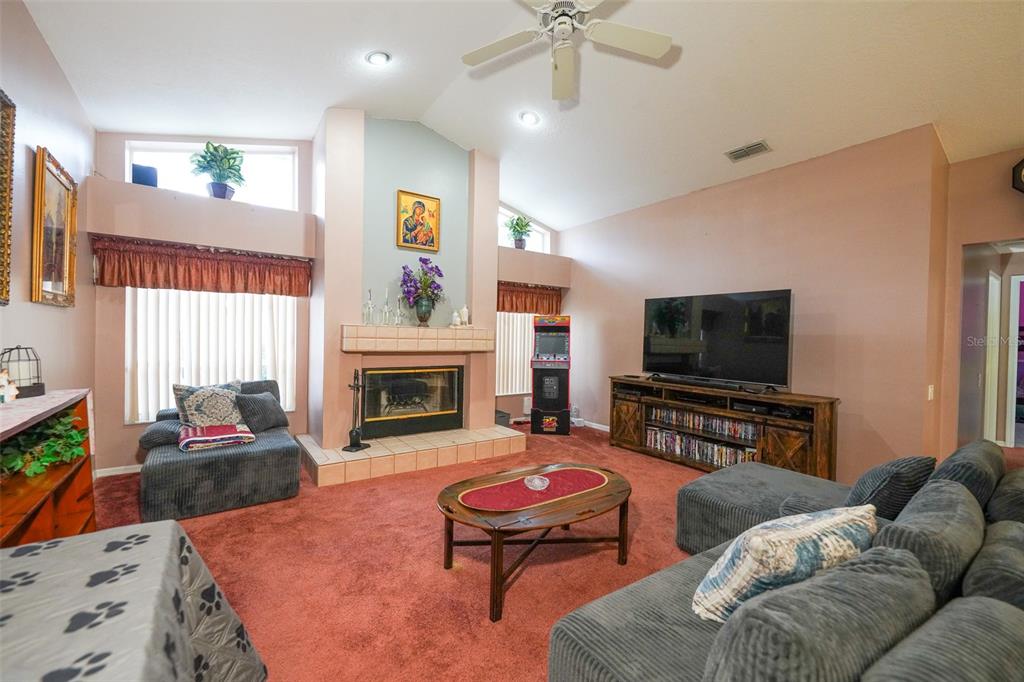 7340 Flyway Drive Spring Hill, FL 34607 - Photo 13 of 32 a living room with furniture fireplace and flat screen tv