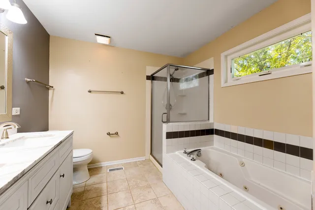 a bathroom with a granite countertop sink a toilet and shower