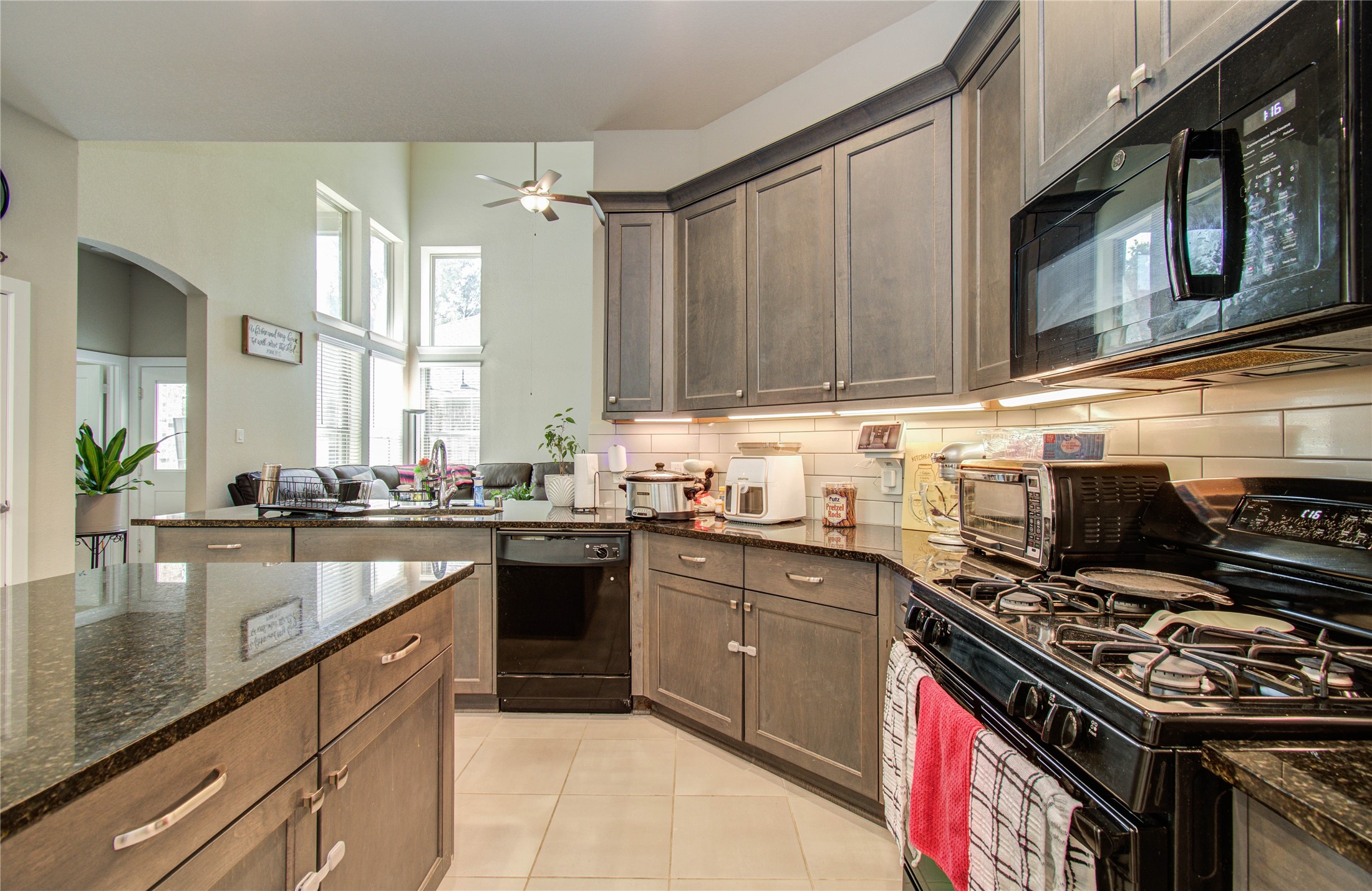 22290 Rustling Cone Court Porter, TX 77365 - Photo 8 of 30 a kitchen with stainless steel appliances granite countertop a stove a sink dishwasher and cabinets with wooden floor