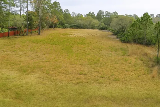 a view of a field with trees in the background