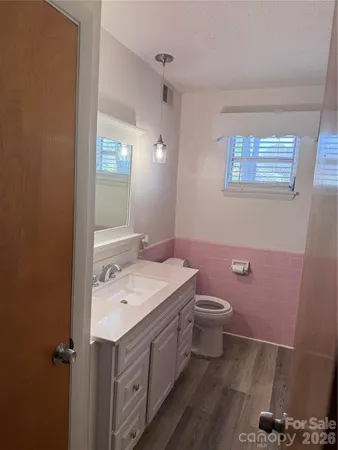 a bathroom with a sink a toilet and mirror