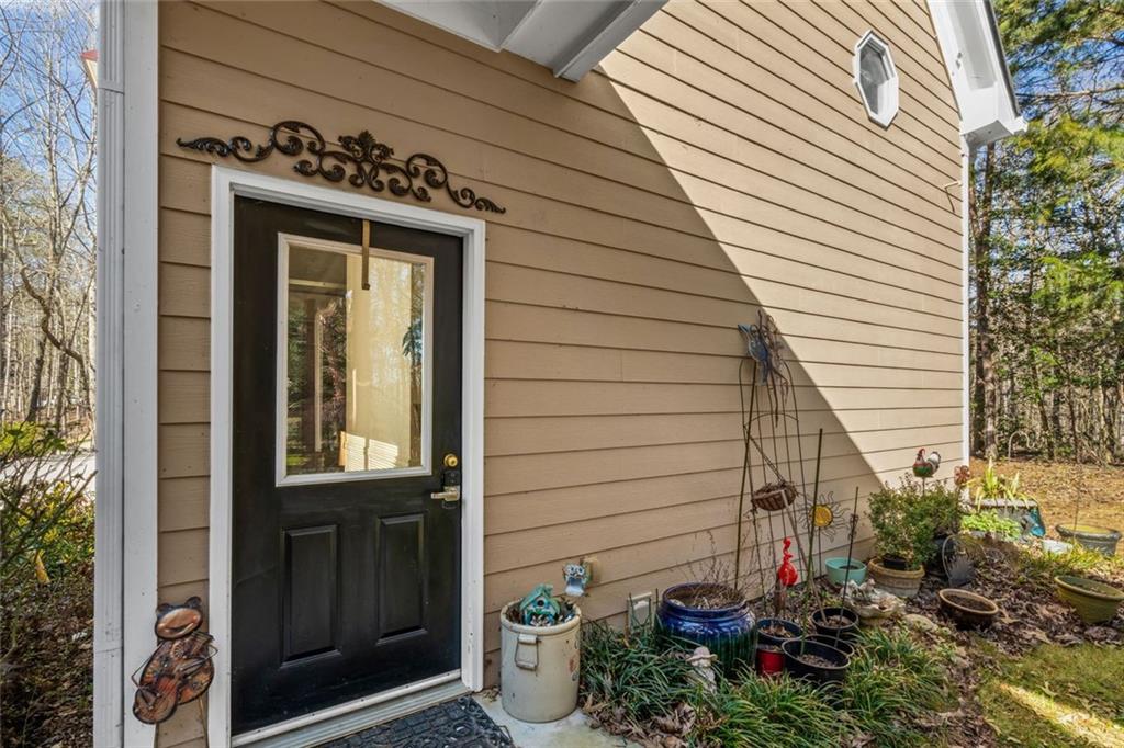 a view of a house with a potted plant and floor to ceiling window and potted plants