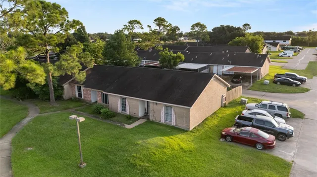 a garden view with a seating space
