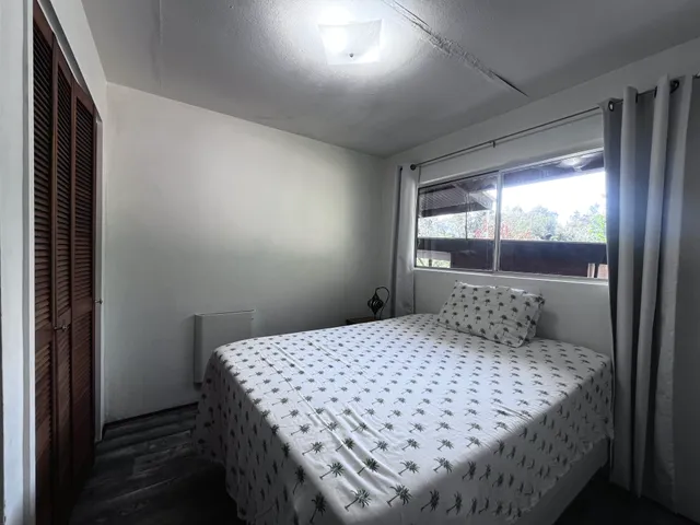 a bedroom with a large bed and a window