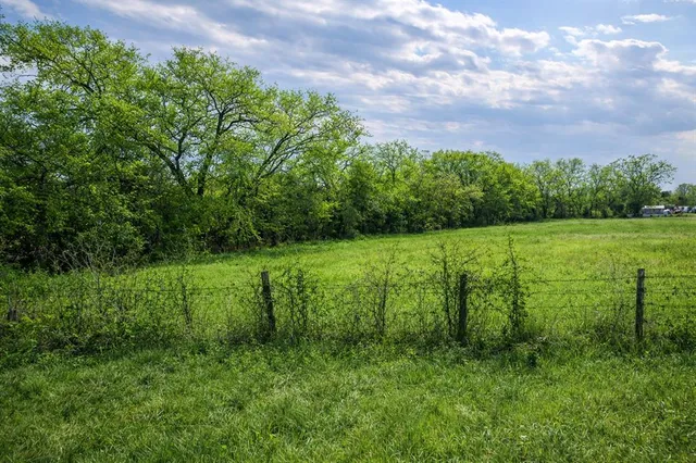a view of a green field with trees