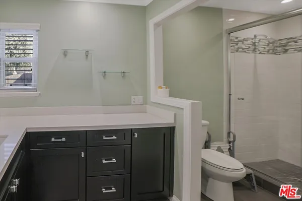 a bathroom with a sink a toilet and shower