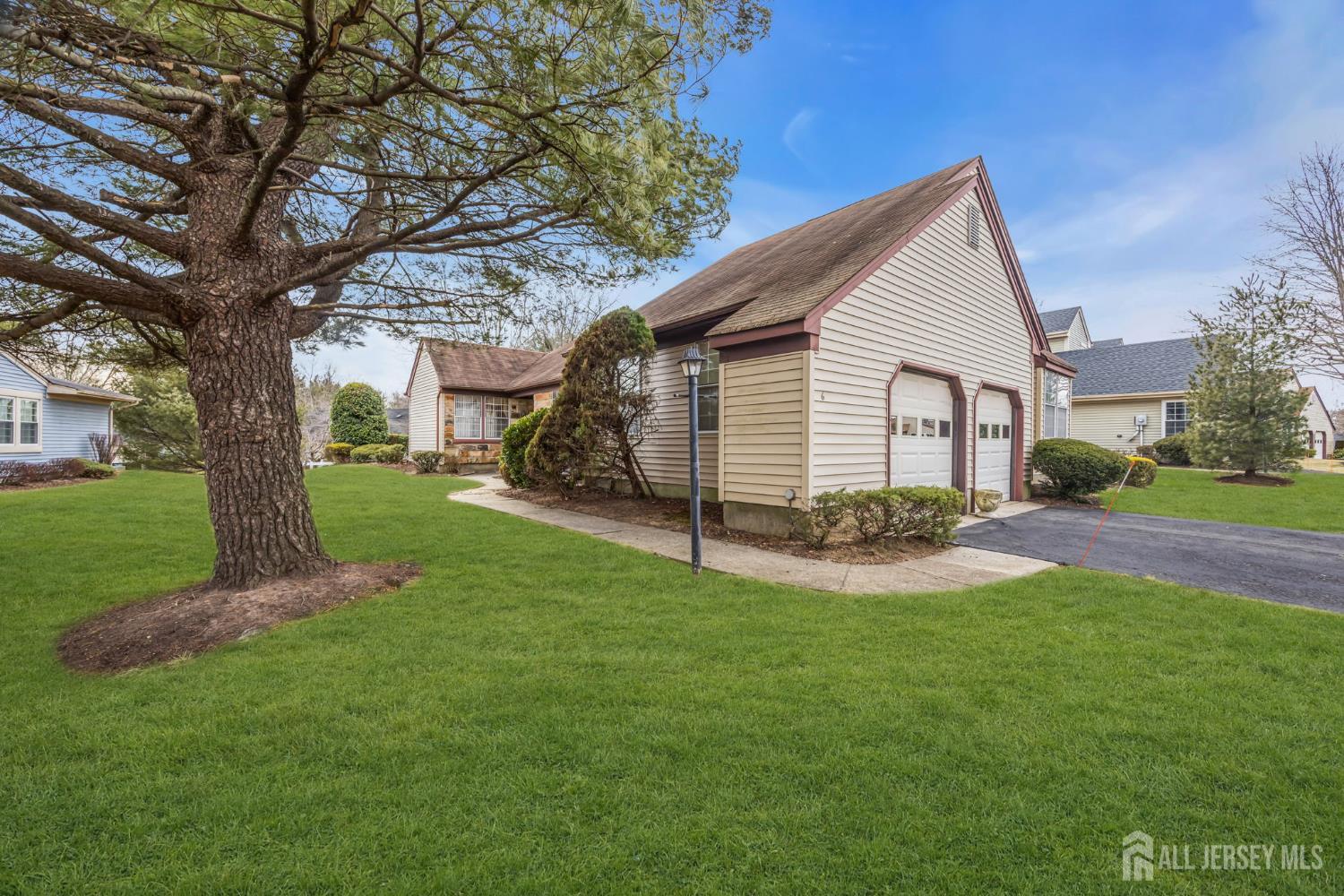 a view of a house with a yard and a large tree