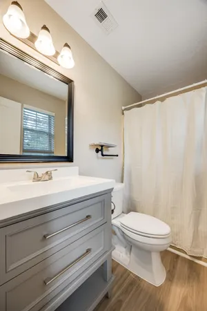 a bathroom with a sink a toilet and mirror