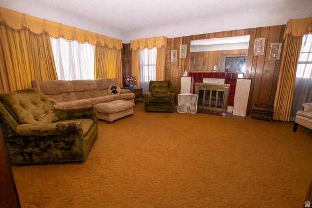 160 North 100 W Street Beaver, UT 84713 - Photo 11 of 36 Carpeted living room with a tiled fireplace, a textured ceiling, and wood walls