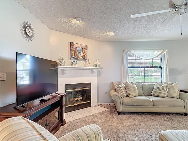 a living room with furniture a flat screen tv and a fireplace
