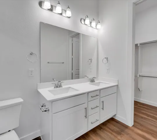 a bathroom with a sink double vanity and a mirror