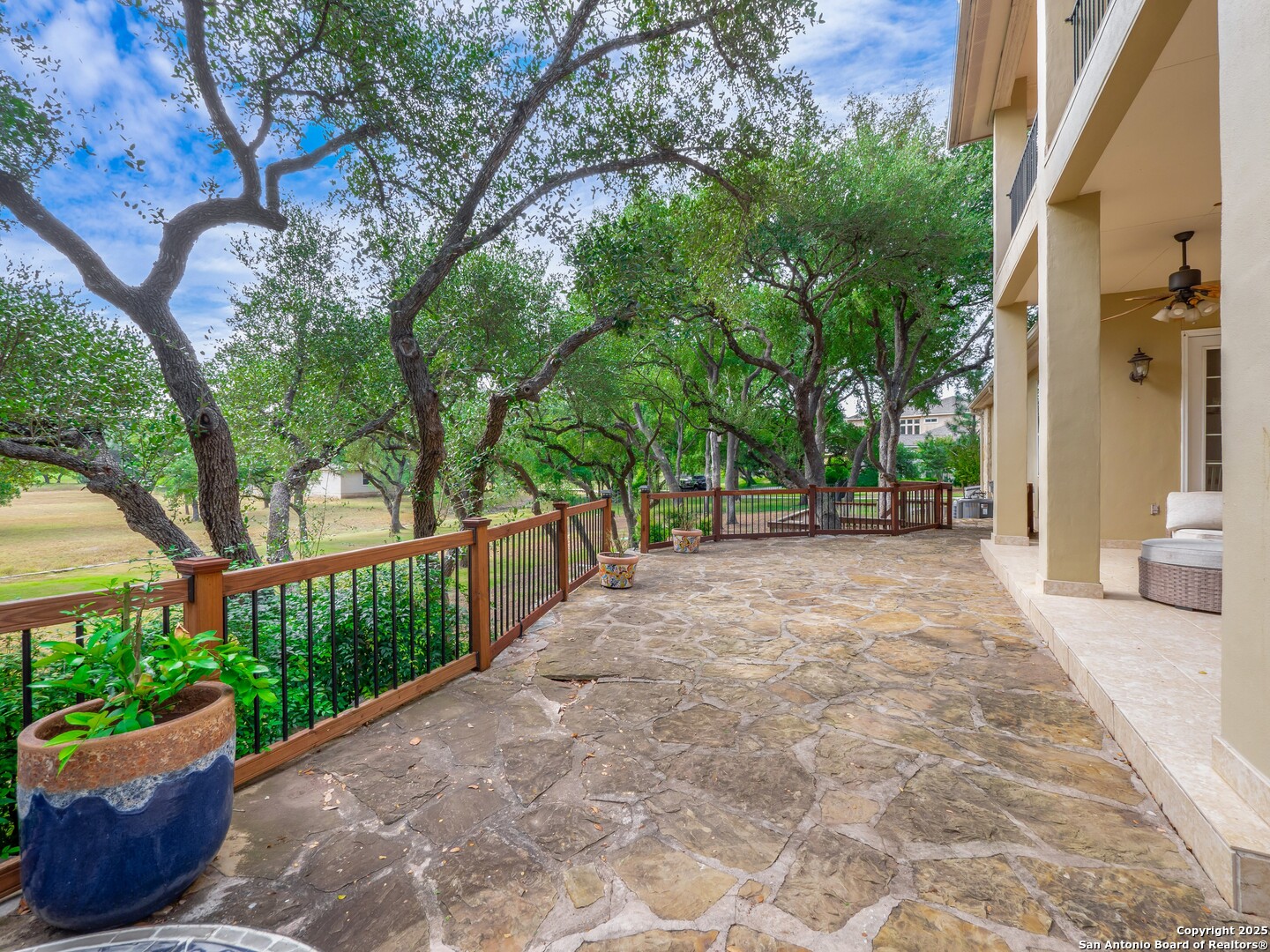 429 Fossil Hills Loop Spring Branch, TX 78070 - Photo 44 of 64 a view of a backyard with potted plants and large trees