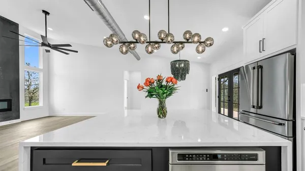 a view of a hallway with a potted plant