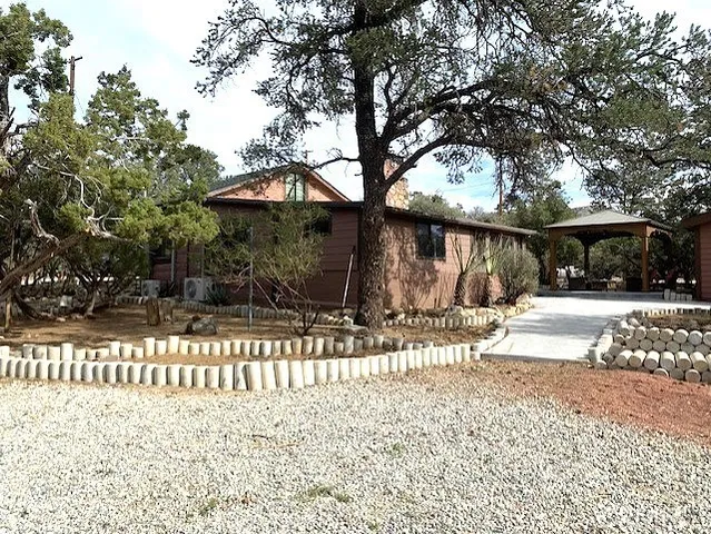 a view of a yard with large tree