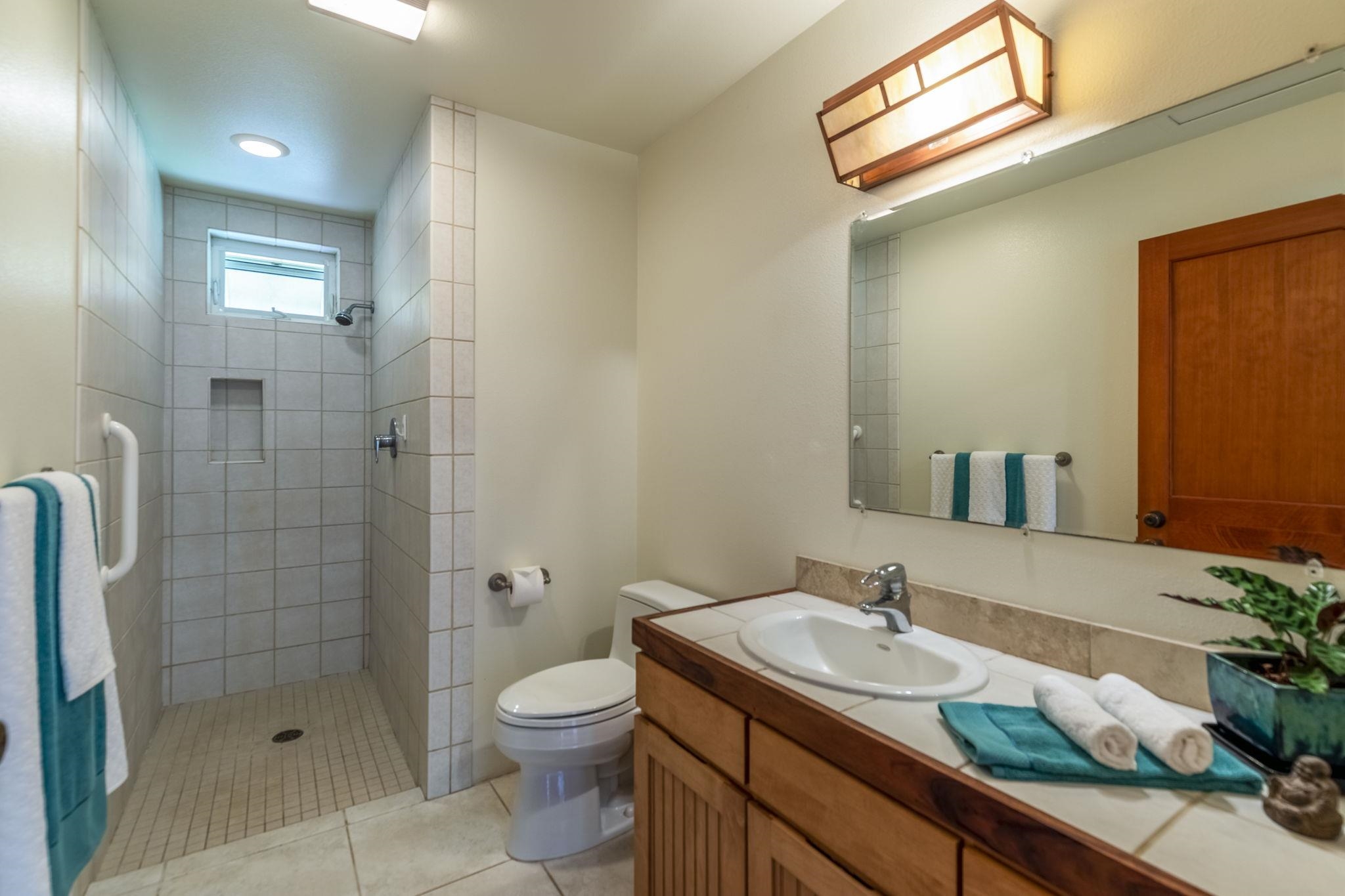 207 Uakoko Place Haiku, HI 96708 - Photo 25 of 30 a bathroom with a granite countertop sink a toilet and shower