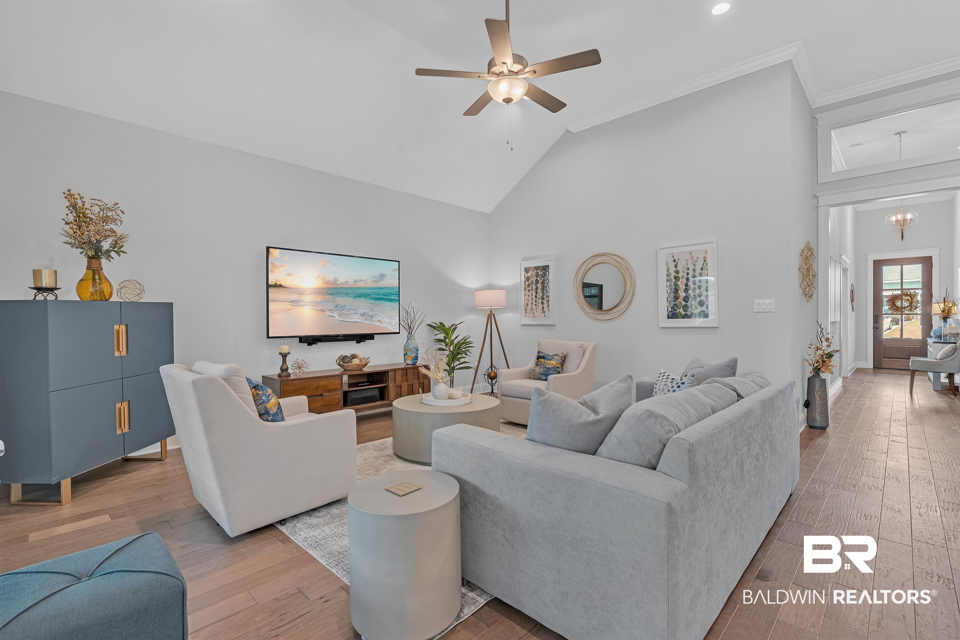 31630 Canopy Loop Daphne, AL 36527 - Photo 12 of 30 Living room featuring a ceiling fan, baseboards, ornamental molding, recessed lighting, and hardwood / wood-style floors