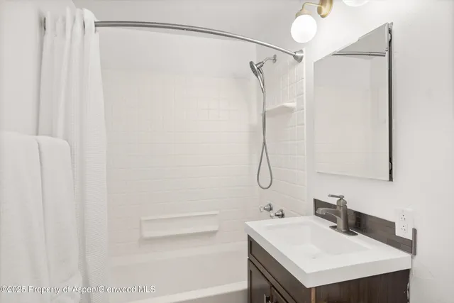 a bathroom with a sink a mirror and a shower