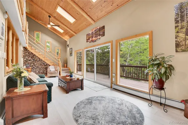 a living room with furniture and a floor to ceiling window